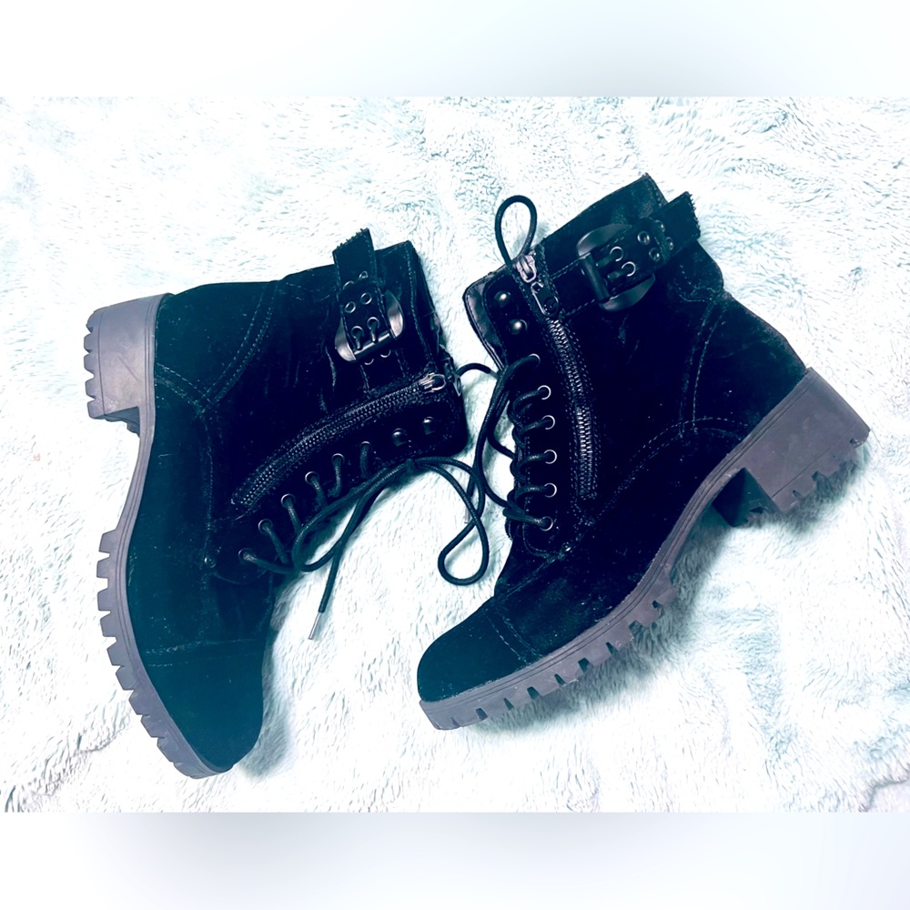 Guess black velvet combat boots